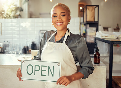 Buy stock photo Open sign, business and black woman portrait in startup cafe, restaurant or coffee shop with smile for success. Waitress, manager or person hand holding board for welcome, services and happy career