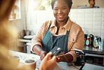 Credit card, payment and shopping with black woman in coffee shop for retail, restaurant and food service. Finance, store and purchase with hands of customer in cafe for spending, consumer and sales