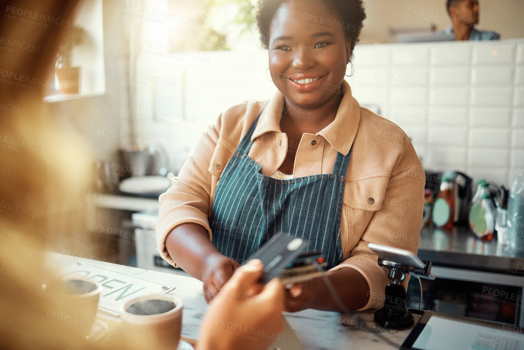 Buy stock photo Credit card, payment and shopping with black woman in coffee shop for retail, restaurant and food service. Finance, store and purchase with hands of customer in cafe for spending, consumer and sales