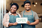 Portrait, couple and open sign by small business owners happy at coffee shop or cafe in support together. Team, collaboration and friends smiling due to startup growth and proud of success or vision