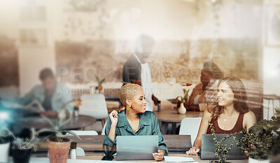 Buy stock photo Meeting, laptop and business women in cafe for planning, discussion and networking by window. Communication, teamwork and female employees working together on project ideas, conversation and strategy