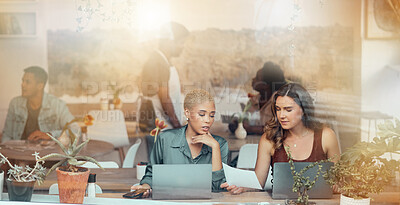 Buy stock photo Meeting, laptop and business women in cafe window for b2b conversation, discussion and networking. Communication, teamwork and female workers working on project ideas, strategy report and research