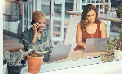 Buy stock photo Laptop, phone call and business women in office for planning, strategy meeting and networking. Communication, remote work and female workers working on computer for project, report and typing email