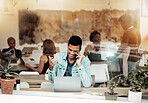 Creative man, phone and laptop at cafe with smile for communication, networking or conversation. Happy male freelancer smiling for call, discussion or startup on smartphone at coffee shop restaurant