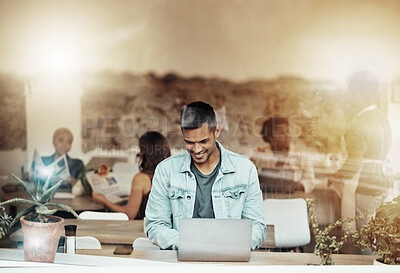 Buy stock photo Smile, work and man with laptop in coffee shop networking for freelance content marketing job in restaurant window. Technology, social media and remote work for happy freelancer in cafe with computer