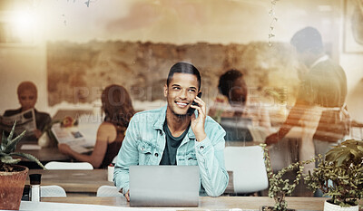 Buy stock photo Phone call, talking and man with laptop in cafe with smile and networking for freelance job in restaurant window. Technology, communication and remote work for freelancer in coffee shop with computer