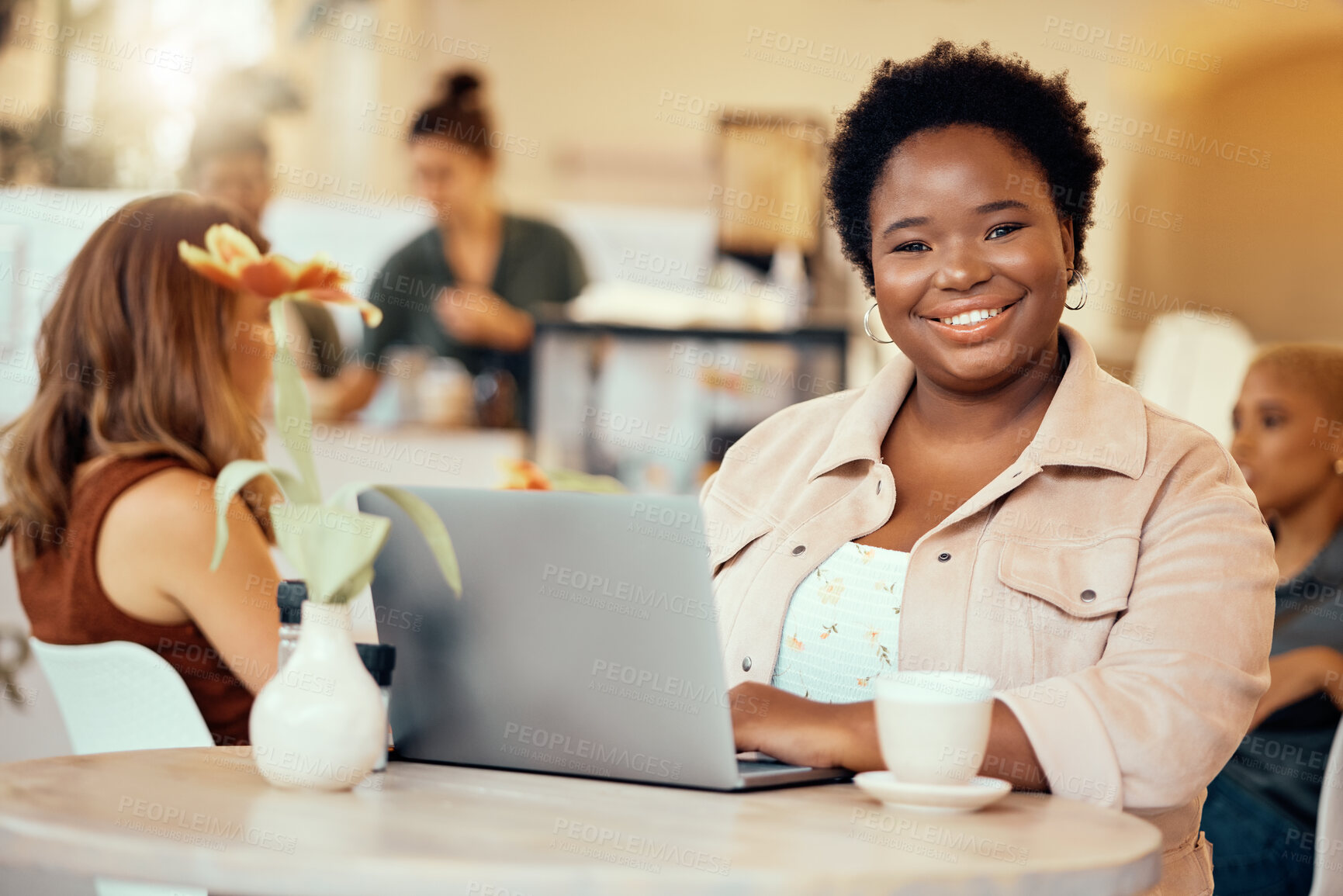 Buy stock photo Black woman, portrait and laptop in cafe of remote work, planning freelance research or restaurant. Happy female, coffee shop and computer technology on internet, blogging or social networking online