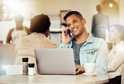 Buy stock photo Creative man, phone and laptop at cafe with smile for communication, networking or conversation. Happy male freelancer smiling for call, discussion or startup on smartphone at coffee shop restaurant