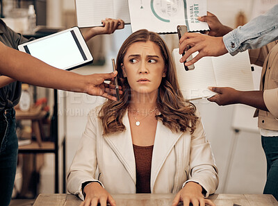 Buy stock photo Stress, management and multitask woman manager with anxiety, burnout and focus problem working in office. Tablet, phone call and documents chaos of corporate team, boss or executive and people hands