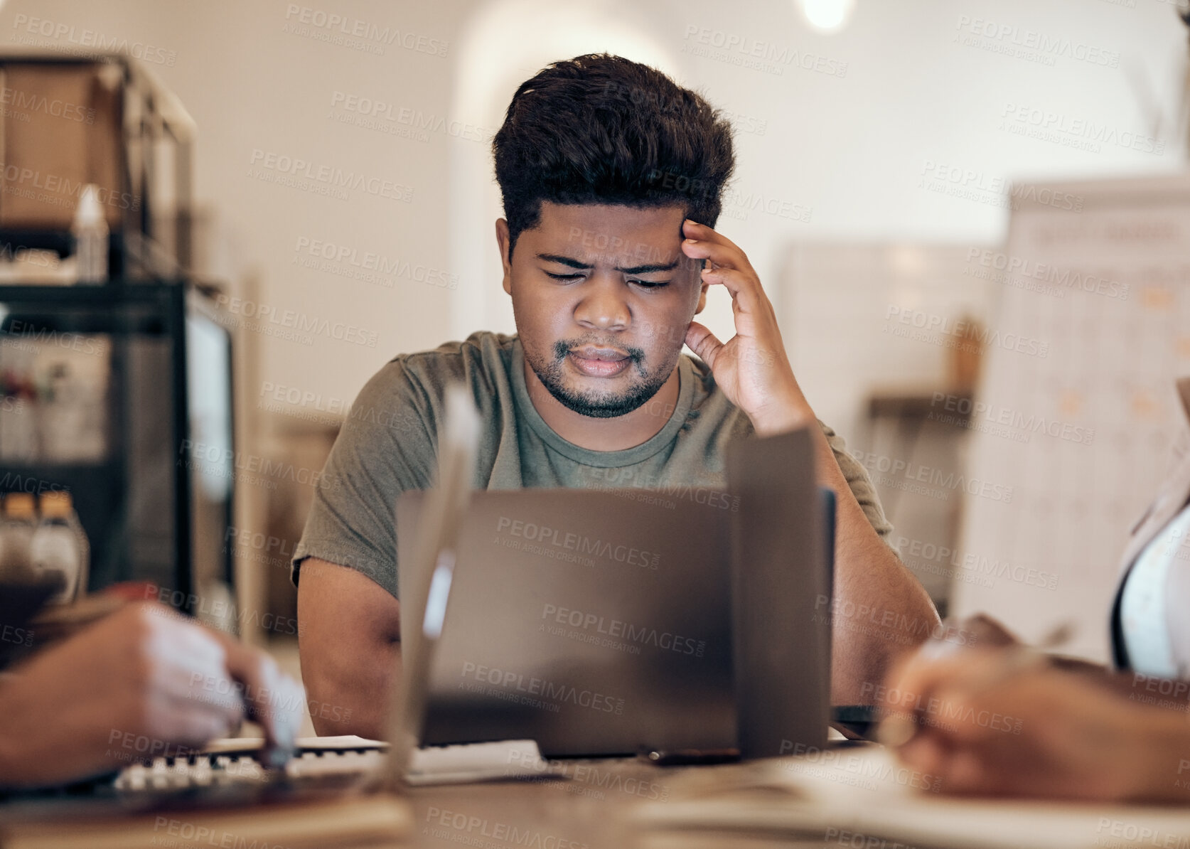 Buy stock photo Businessman, thinking and stress on laptop in modern office, startup or creative company with ideas, vision or strategy planning. Confused, doubt and question for worker on technology in team meeting