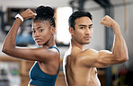 Portrait, black woman or personal trainer flexing muscles or body goals in training, workout or exercise. Fitness coaching, mindset or healthy athletes with strong biceps, motivation or focus at gym