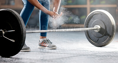 Buy stock photo Fitness, hands or bodybuilder with powder or barbell in training, workout or exercise for body goals. Deadlift, healthy person or sports athlete weightlifting with chalk dust in a gym club studio