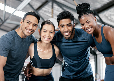 Buy stock photo Fitness, happy and portrait of friends in gym for teamwork, support and workout. Motivation, coaching and health with people training in sports center for cardio, endurance and wellness challenge