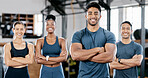 Fitness, gym and portrait of sports people standing with crossed arms for leadership and confidence. Sport, collaboration and happy team after exercise, workout or training class in health studio.