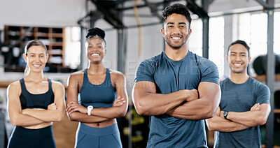 Buy stock photo Fitness, gym and portrait of group of people standing with crossed arms for leadership and confidence. Sports, collaboration and happy team after exercise, workout or training class in health studio.