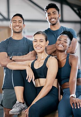 Buy stock photo Fitness smile and portrait of friends in gym for teamwork, support and workout. Motivation, coaching and health with people training in sports center for cardio, endurance and wellness challenge