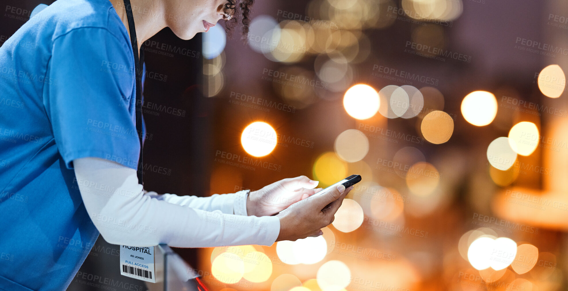 Buy stock photo Night, doctor and hands of woman texting in a city, relax and break outdoors against bokeh background. Female, mockup and young nurse with smartphone for app, planner and schedule, online and search