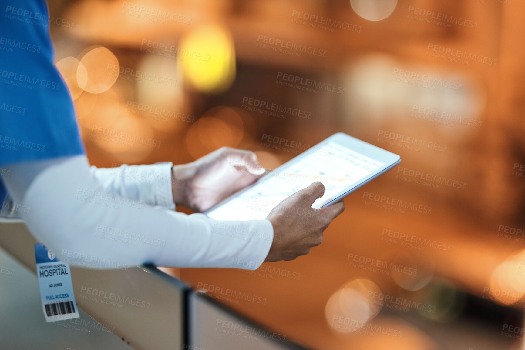 Buy stock photo Hands, tablet and nurse on hospital rooftop working on telehealth, research or online consultation in city. Bokeh, healthcare and woman with touchscreen technology for wellness app in clinic at night