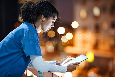 Buy stock photo Tablet, woman and nurse on hospital rooftop working on telehealth, research or online consultation in city. Bokeh, healthcare physician and female with technology for wellness app in clinic at night.