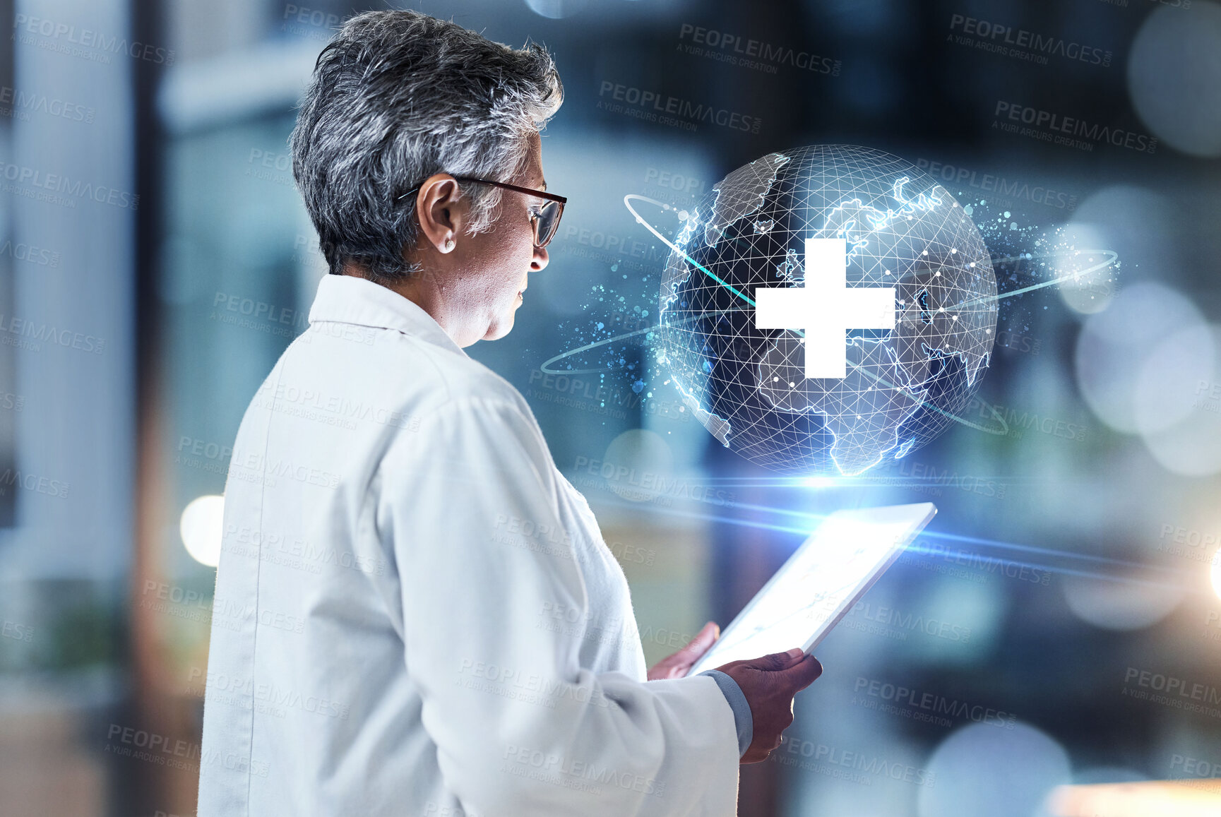 Buy stock photo Doctor, tablet and digital hologram for future healthcare, research or global innovation with technology at night clinic. Senior female medical professional with 3D touchscreen in futuristic big data