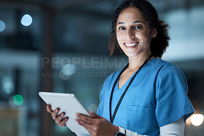 Buy stock photo Tablet, nurse portrait and black woman in hospital working on telehealth, research or online consultation. Medical, healthcare and female physician with technology for wellness app in clinic at night