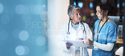 Buy stock photo Women, doctors and tablet with bokeh copy space, mockup or mock up for night medical research, planning or teamwork. Thinking healthcare worker, nurse or hospital collaboration on wellness technology