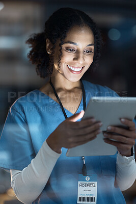 Buy stock photo Black woman, nurse and tablet in night planning, medical research or surgery ideas schedule. Smile, happy and doctor working late on technology, hospital healthcare or wellness with test results