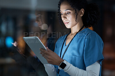 Buy stock photo Medical, research and night with doctor and tablet for planning, medicine and schedule. Technology, review and digital with black woman reading report for healthcare, science and life insurance news