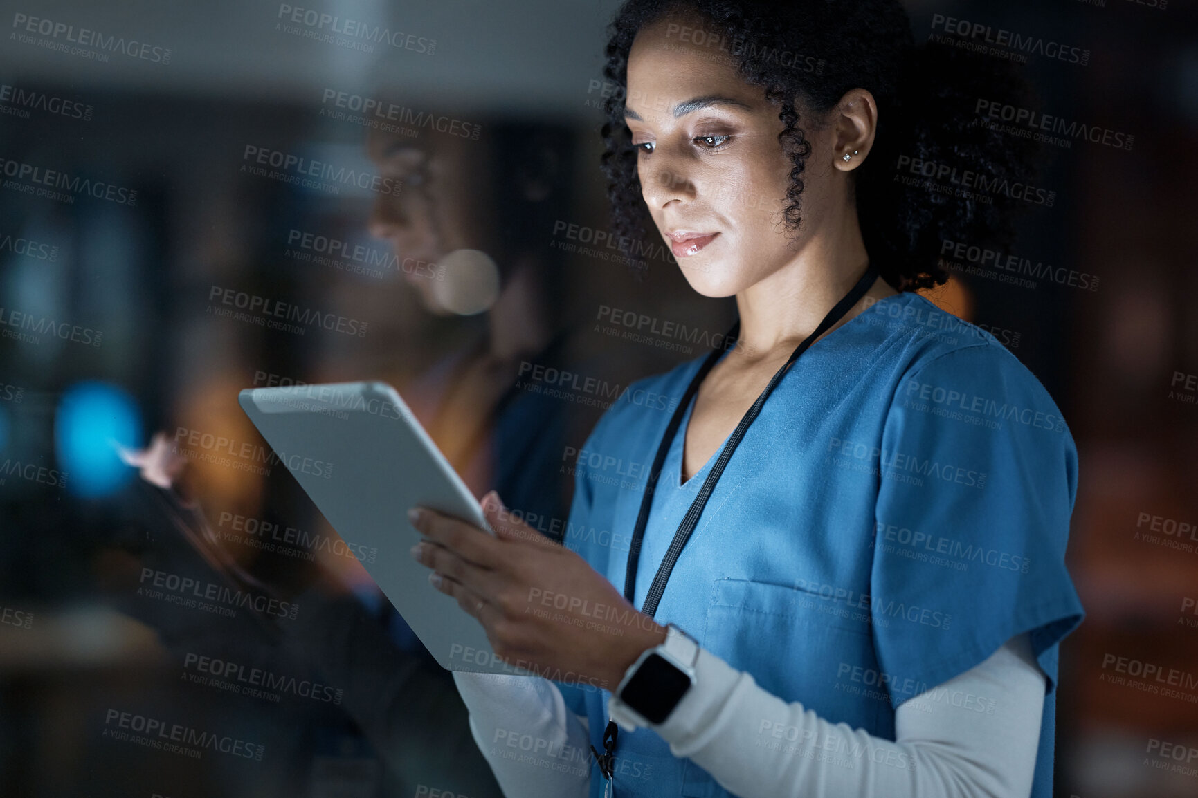 Buy stock photo Medical, research and night with doctor and tablet for planning, medicine and schedule. Technology, review and digital with black woman reading report for healthcare, science and life insurance news