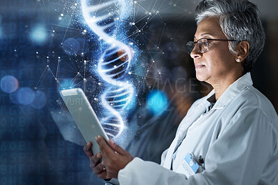 Buy stock photo Doctor, tablet or dna hologram in analysis, innovation or genetic ideas in night hospital or future evolution study. Thinking, woman or abstract genes on healthcare technology or futuristic wellness