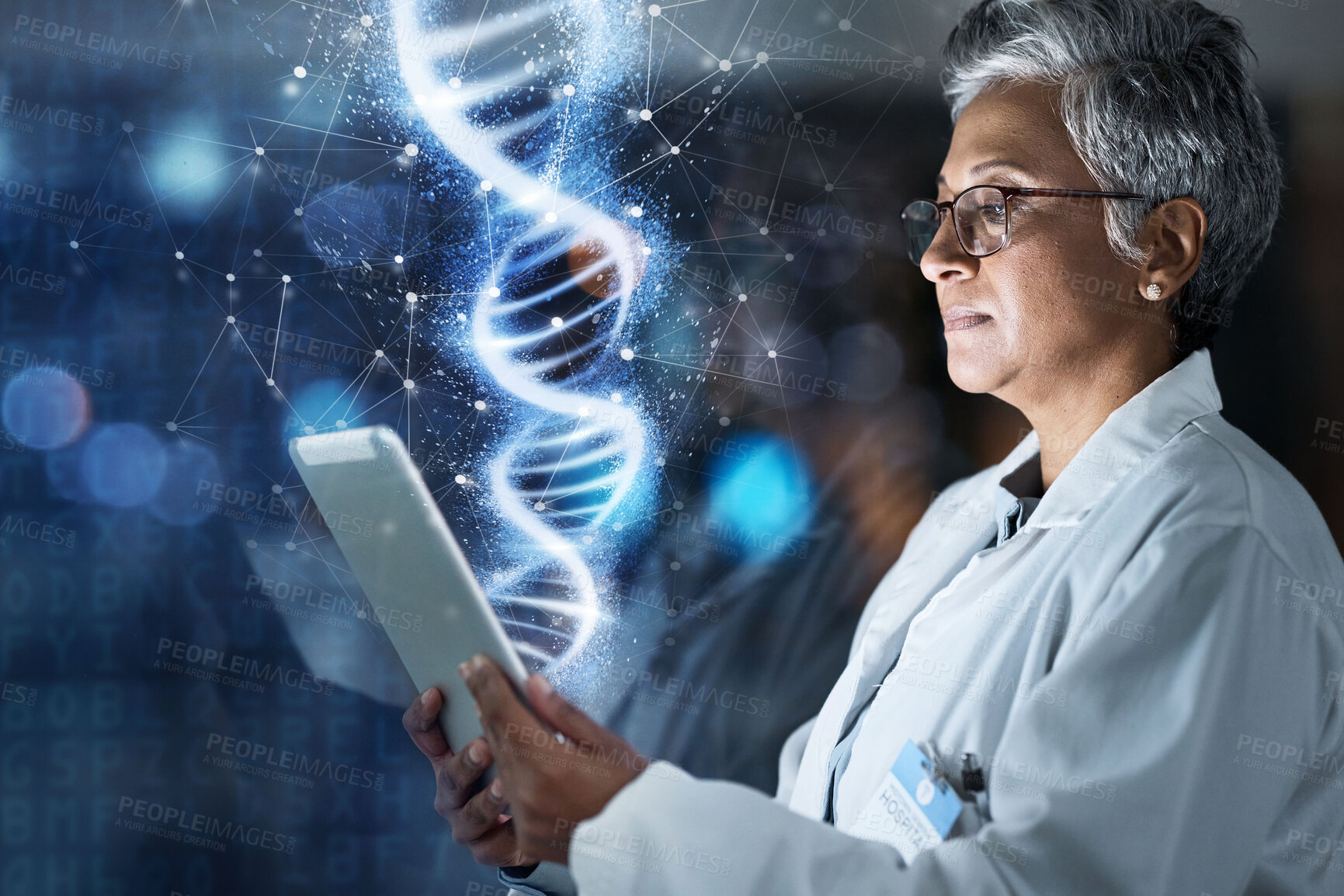 Buy stock photo Doctor, tablet or dna hologram in analysis, innovation or genetic ideas in night hospital or future evolution study. Thinking, woman or abstract genes on healthcare technology or futuristic wellness