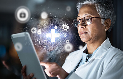 Buy stock photo Doctor, tablet or futuristic global healthcare on cybersecurity, life insurance or data safety app on night hospital network. Thinking, woman or medical technology hologram and overlay for research