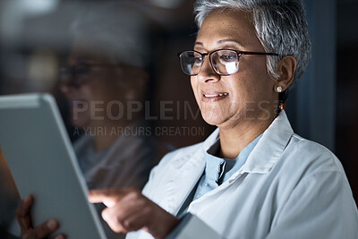 Buy stock photo Medical, research and night with doctor and tablet for planning, medicine and schedule. Technology, review and digital with senior woman reading report for healthcare, science and life insurance news