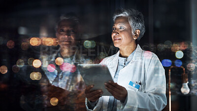 Buy stock photo Healthcare, tablet and thinking with a doctor woman at night, working overtime in the evening after dark. Medical, research or idea and a mature female medicine professional at work with a cityscape