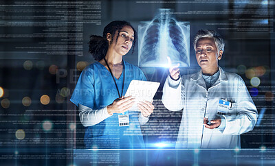 Buy stock photo Doctors, healthcare or tablet with abstract lungs in tuberculosis, cancer or heart analytics in night hospital teamwork. Futuristic, hologram or breathing organ on technology for women collaboration