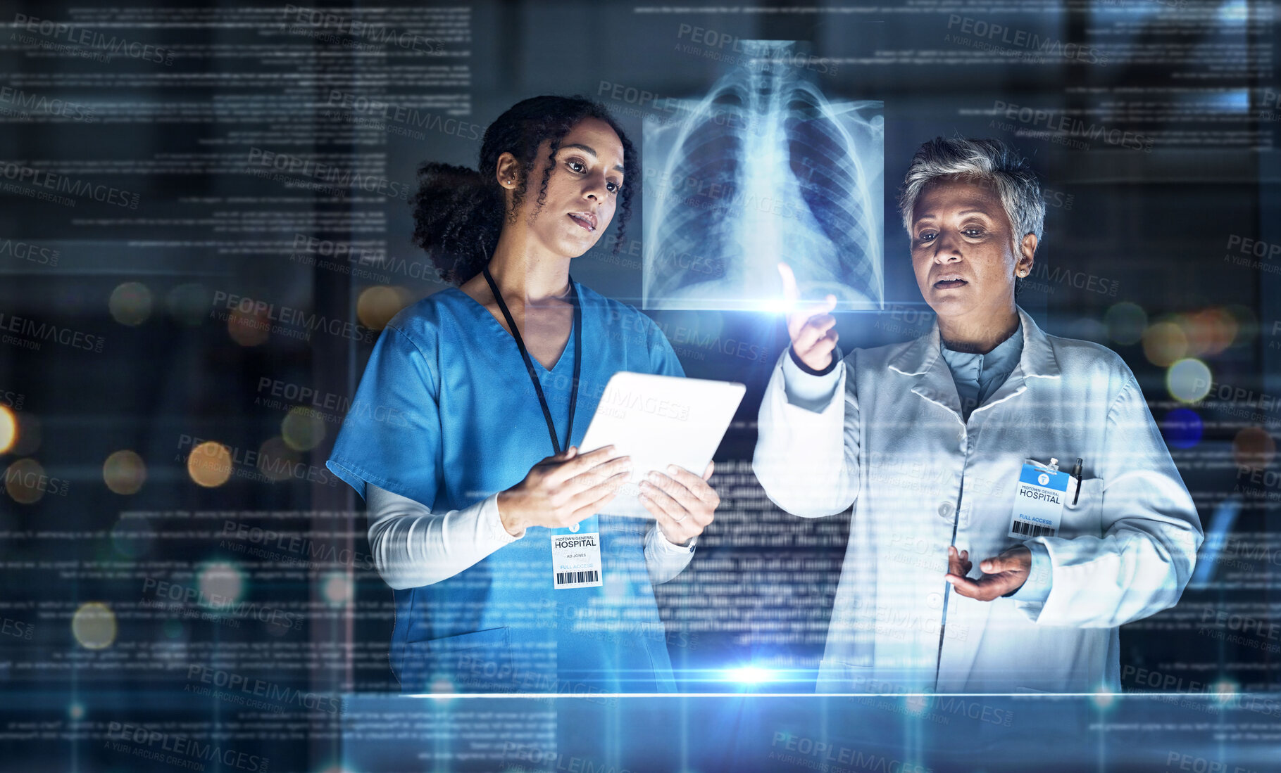 Buy stock photo Doctors, healthcare or tablet with abstract lungs in tuberculosis, cancer or heart analytics in night hospital teamwork. Futuristic, hologram or breathing organ on technology for women collaboration