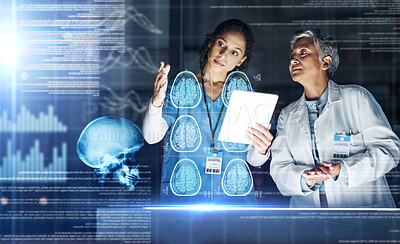 Buy stock photo Doctors, tablet and futuristic brain in head mri, cancer xray or mental health neurology in night hospital analytics. Abstract hologram, technology and thinking organ in healthcare teamwork for women