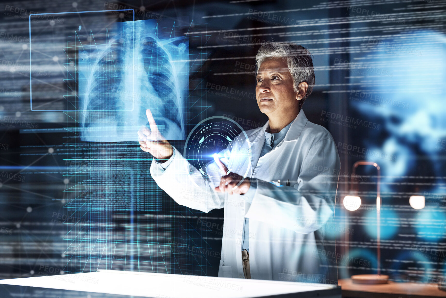 Buy stock photo Doctor, medical or hospital with lungs abstract in tuberculosis virus, cancer or asthma overlay analytics in night thinking. Futuristic, hologram or breathing organ glow for healthcare planning woman