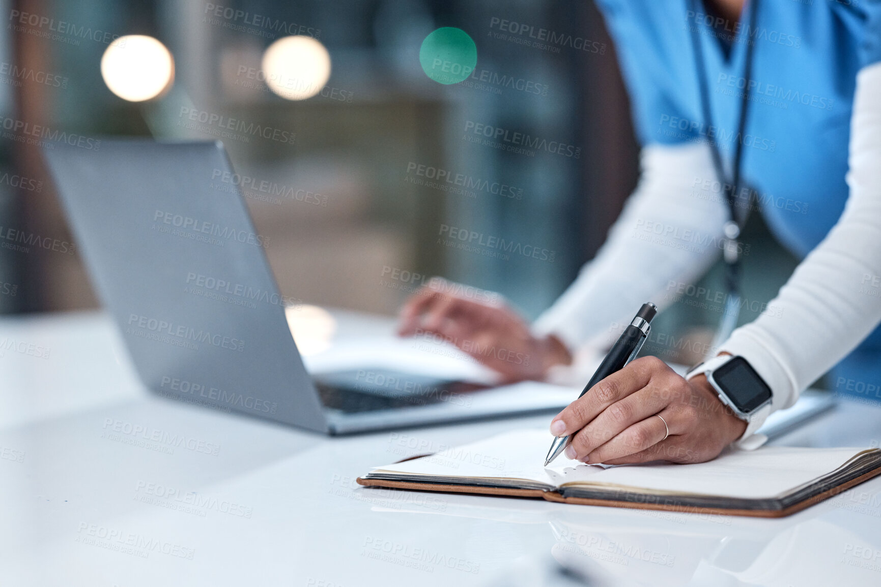 Buy stock photo Healthcare, writing and hands of nurse with notebook for medical report, planning and schedule in hospital. Medicine, clinic and black woman write notes for prescription, insurance and consultation