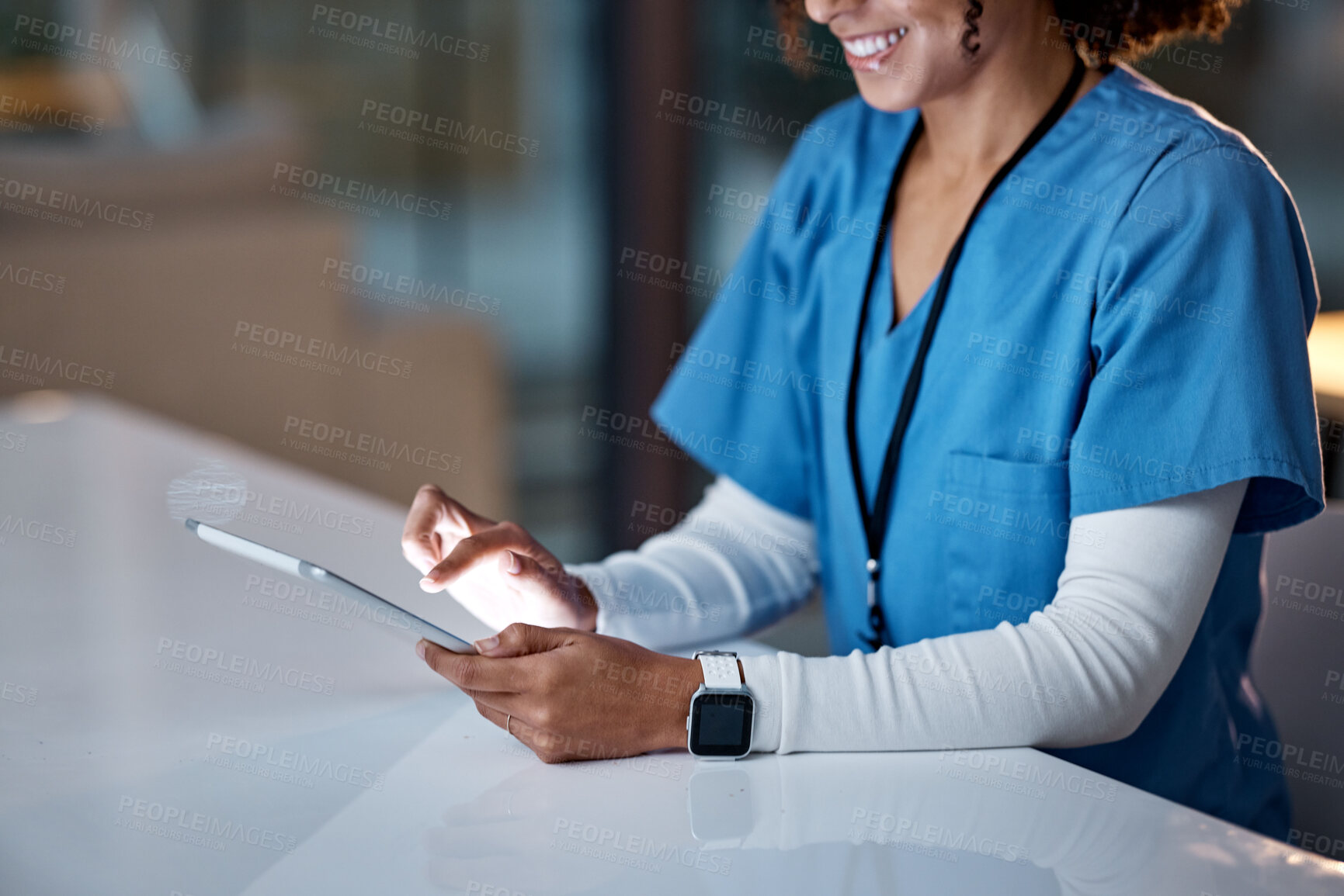 Buy stock photo Tablet, healthcare and hands of nurse working online for medical research, planning and schedule in hospital. Telehealth, insurance and black woman with digital tech for online consultation in clinic