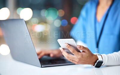 Buy stock photo Laptop, healthcare and hands of nurse with phone for medical research, planning and schedule in hospital. Telehealth, communication and black woman with digital tech for online consultation in clinic