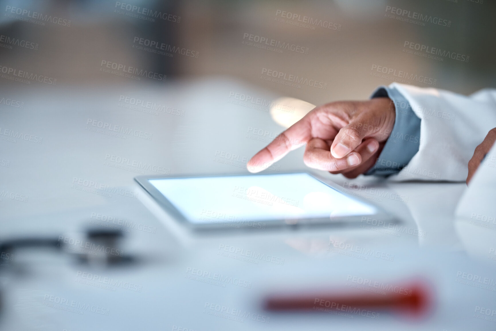 Buy stock photo Doctor, finger or tablet with mockup screen in medical research, surgery planning or medicine schedule in hospital. Woman, hands or healthcare worker on technology mock up in digital help or wellness