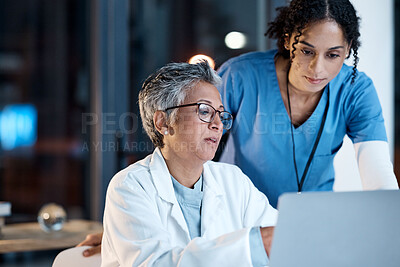 Buy stock photo Doctors, nurse or laptop in night teamwork, medical research or surgery planning in wellness hospital. Talking, thinking or healthcare women on technology for collaboration help or life insurance app