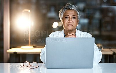 Buy stock photo Doctor, laptop and portrait of senior woman in hospital working late or overtime on email, telehealth or research. Elderly, healthcare and confident female medical physician by computer at night.