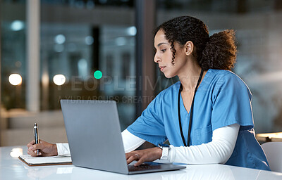 Buy stock photo Research, writing and doctor black woman with notebook for medical report, healthcare and schedule in hospital. Medicine, clinic and nurse write notes for prescription, insurance and consultation