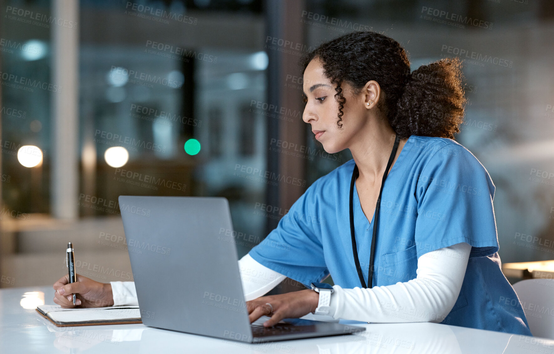 Buy stock photo Research, writing and doctor black woman with notebook for medical report, healthcare and schedule in hospital. Medicine, clinic and nurse write notes for prescription, insurance and consultation