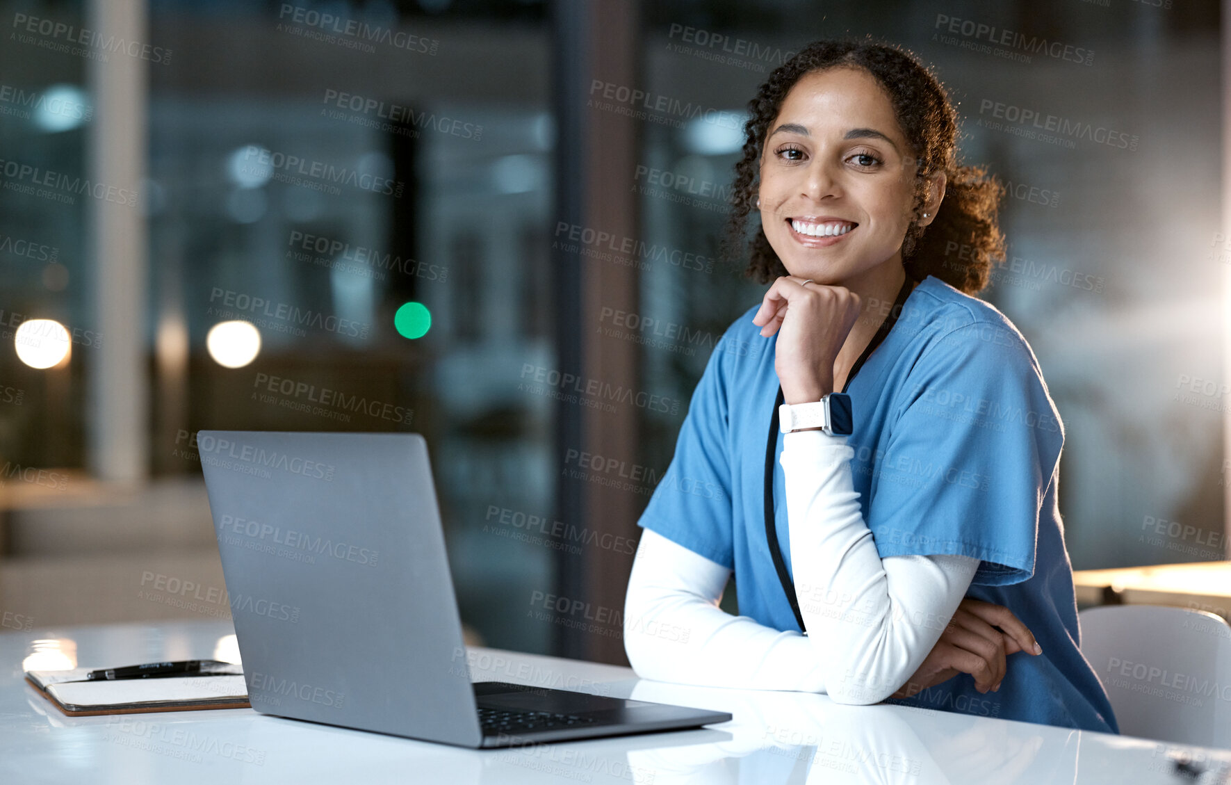 Buy stock photo Doctor, computer and black woman portrait in a healthcare office at night working on web research. Laptop, health worker and nurse with happiness from medicine analysis on technology in the dark