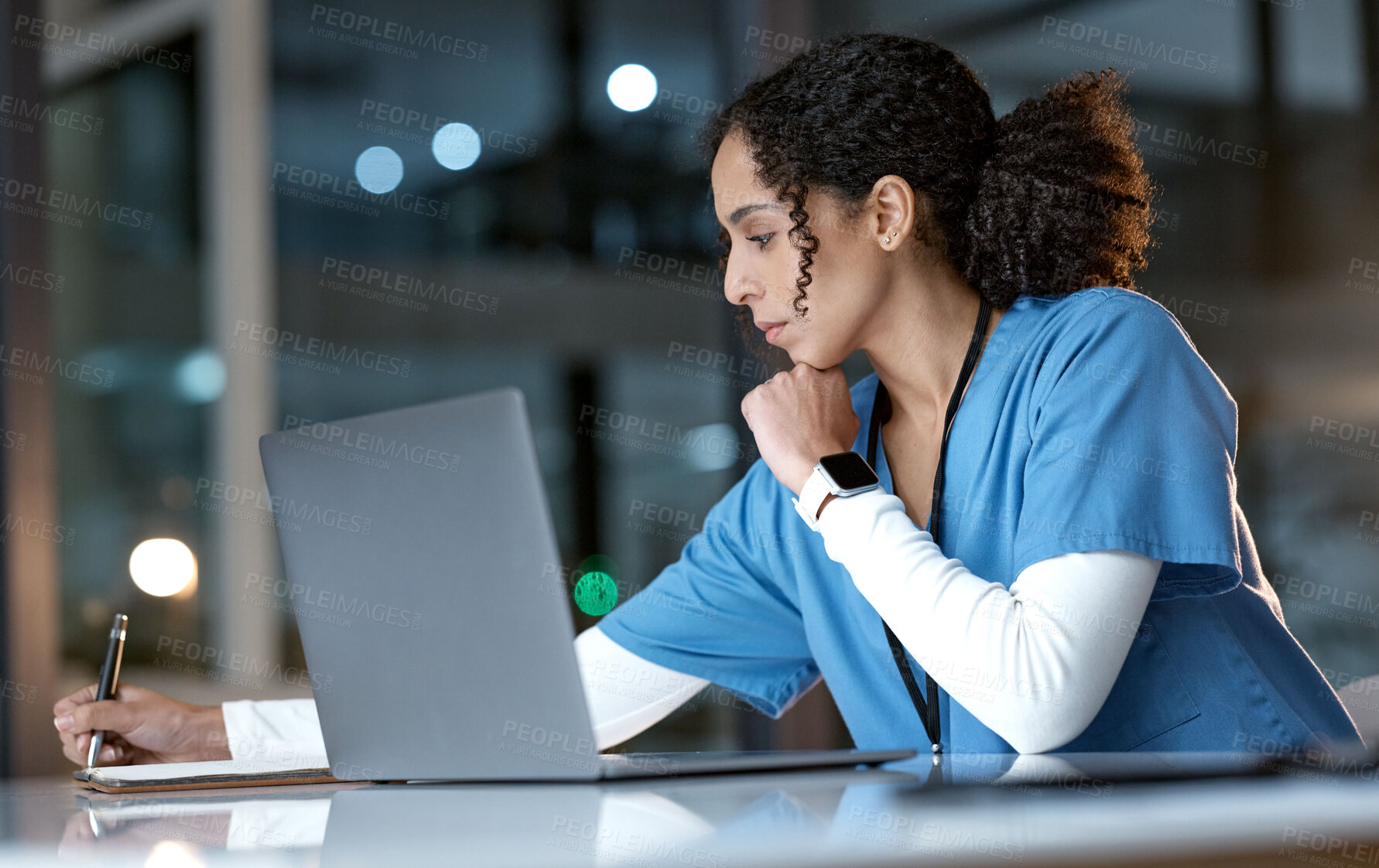 Buy stock photo Doctor, laptop and writing notes at night thinking about healthcare solution, idea or planning at hospital. Woman medical nurse working late in focus with notebook and computer for research at clinic