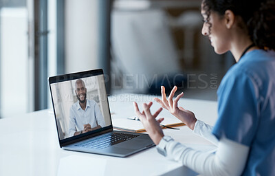 Buy stock photo Video call, laptop and doctor consulting patient online, virtual healthcare or telehealth service for advice, help or support. Computer screen, medical, and professional nurse or black people talking