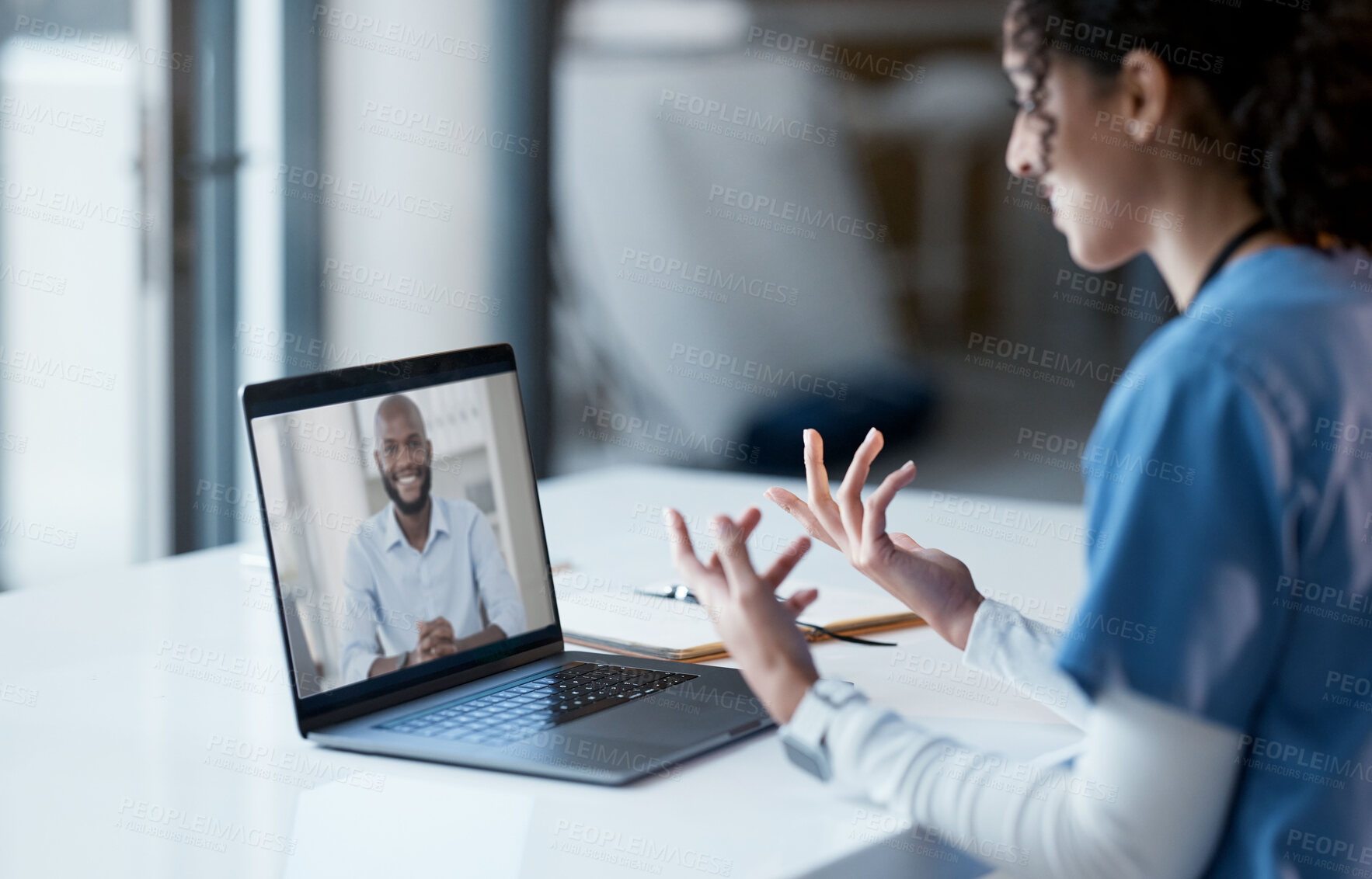 Buy stock photo Video call, laptop and doctor consulting patient online, virtual healthcare or telehealth service for advice, help or support. Computer screen, medical, and professional nurse or black people talking